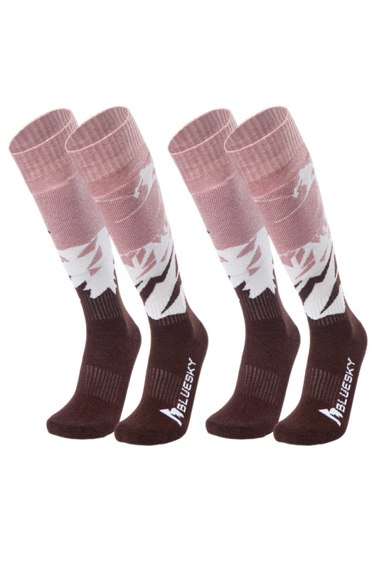 Ski & Snowboard Socks, 2 Pairs (Pink Red & Brown)